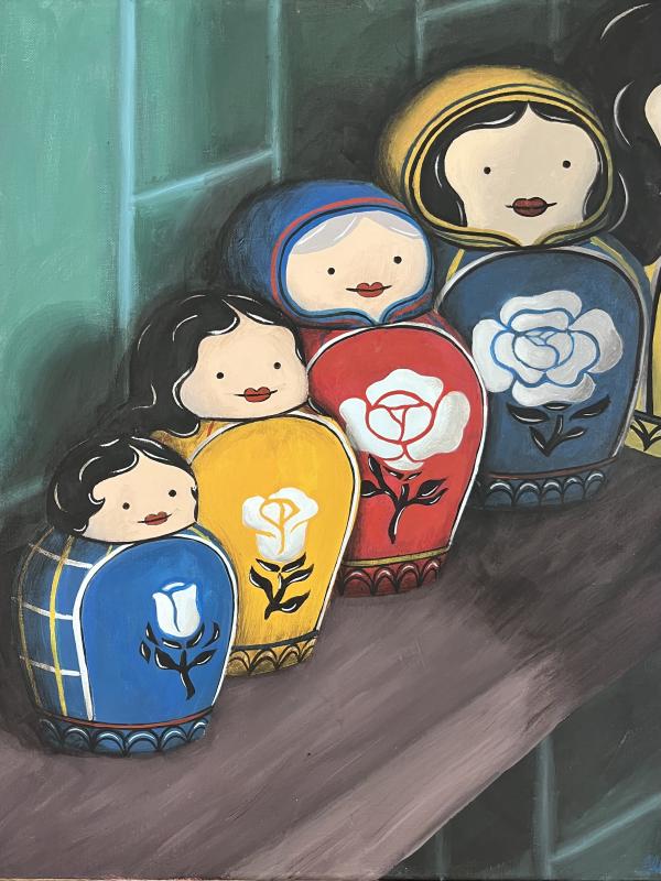 A painting of four Russian nesting dolls, each with a different colored outfit and flower design