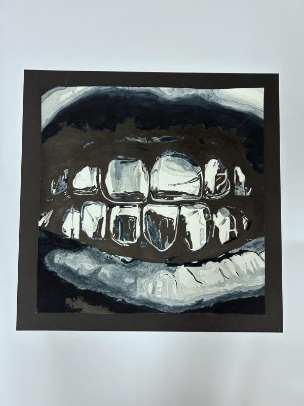 A monochromatic painting or drawing of a close-up view of a person's mouth, focusing on the teeth and lips.