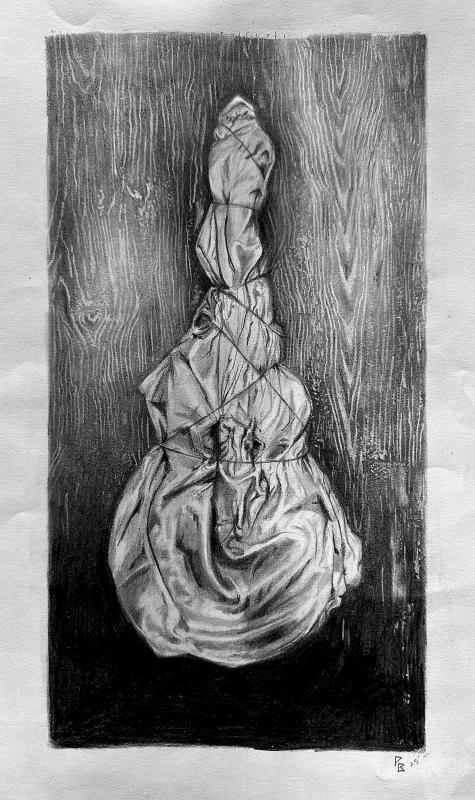 A monochromatic pencil drawing depicts a cloth-wrapped guitar hanging against a wooden background.