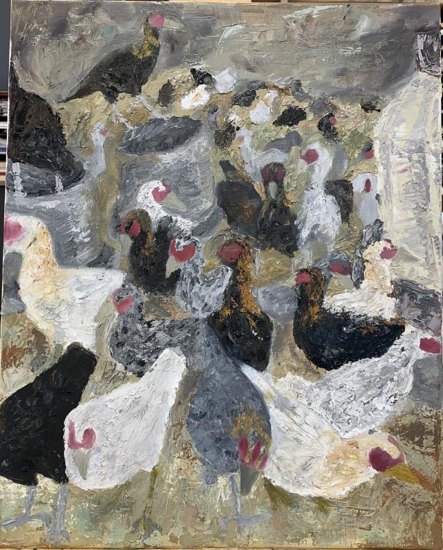 A painting depicting a flock of chickens in various colors, including white, black, and gray