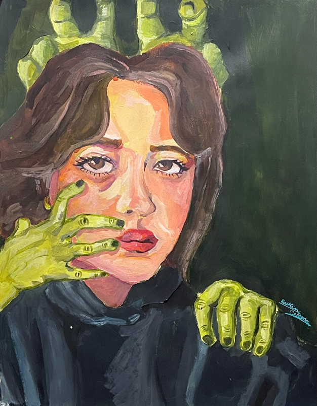 A painting depicts a person with long brown hair, wearing a dark-colored shirt. Two large, greenish-yellow hands are placed on the person's shoulders from behind, creating an eerie and unsettling atmosphere.