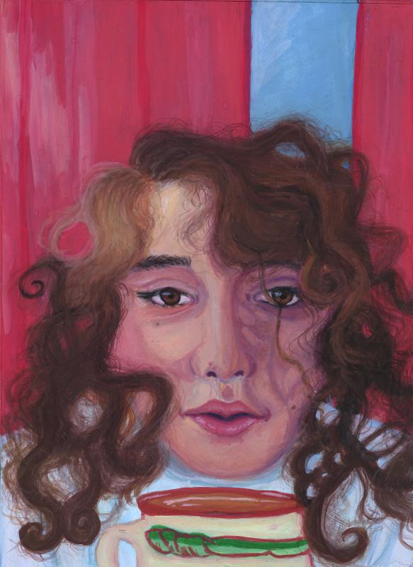 The head of a person with curly brown hair and a cup.