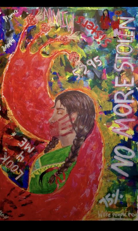 A vibrant and colorful painting featuring a woman with braided hair, wearing traditional clothing. The background is filled with various bright colors and abstract patterns. There are several pieces of text scattered throughout the image, including "NO MORE STOLEN," "Look at Me," "5/5," "We're perfect too," and "$2.95." Additionally, there are red handprints and what appears to be blood splatters around the woman's head.