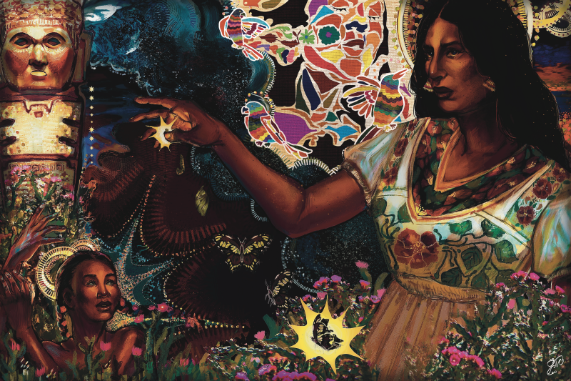 A vibrant and colorful scene with a person wearing traditional clothing, adorned with intricate floral embroidery. The background is filled with abstract patterns and designs, including butterflies and flowers. The person is reaching out towards a glowing star-like object, surrounded by lush greenery and blooming flowers.