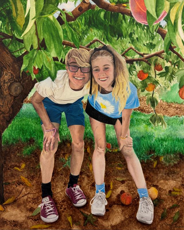 wo children standing under a fruit-laden tree with their faces obscured. One child wears a white t-shirt, blue shorts, and red sneakers; the other wears a blue t-shirt with a sun design, black shorts, and blue sneakers.