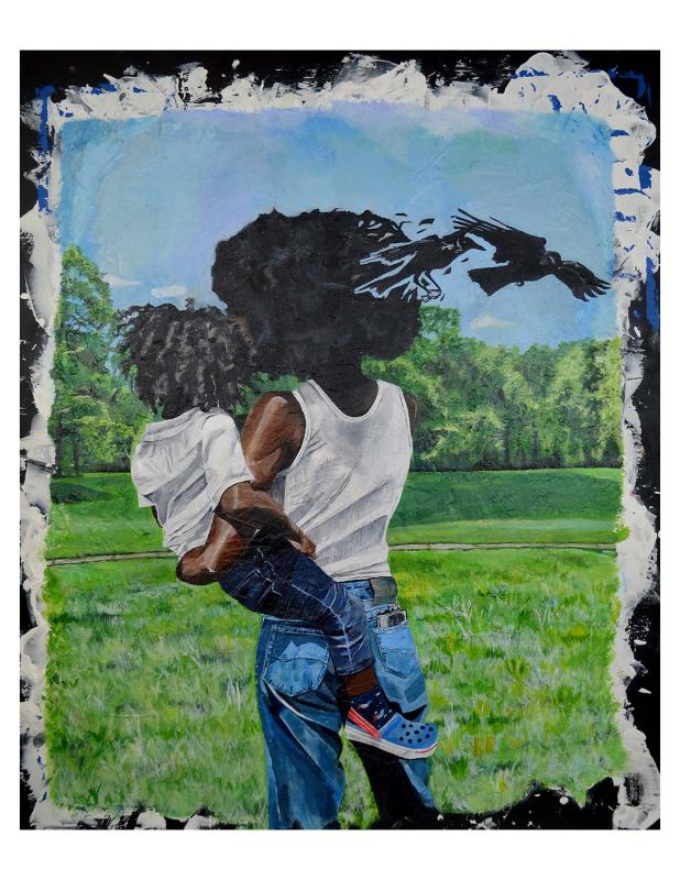 A painting of an adult holding a child in a grassy field. The adult is wearing a white tank top and blue jeans, while the child is dressed in a white shirt and blue pants with colorful shoes. Both figures have dark, curly hair. The background features green trees under a clear blue sky. Notably, the adult's hair transitions into black birds flying away