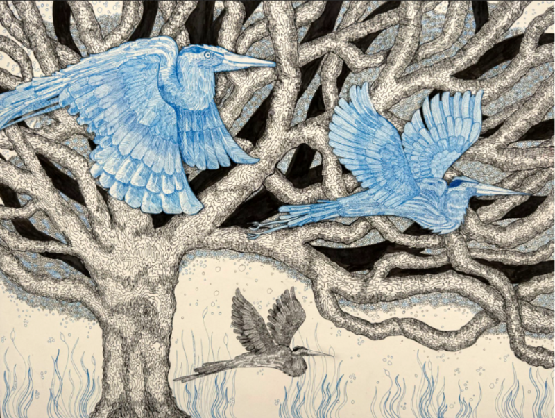 An intricate and detailed illustration of three birds flying in front of a large, leafless tree with twisted branches. The two larger birds are depicted in shades of blue, while the smaller bird is in black and white. The background features abstract patterns that resemble underwater plants