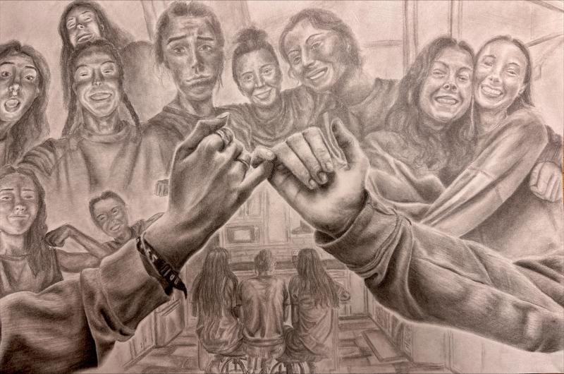 The central focus is on two hands making a pinky promise, symbolizing trust and commitment. Surrounding this central image are various smaller scenes showing friends laughing, hugging, and spending time together. 