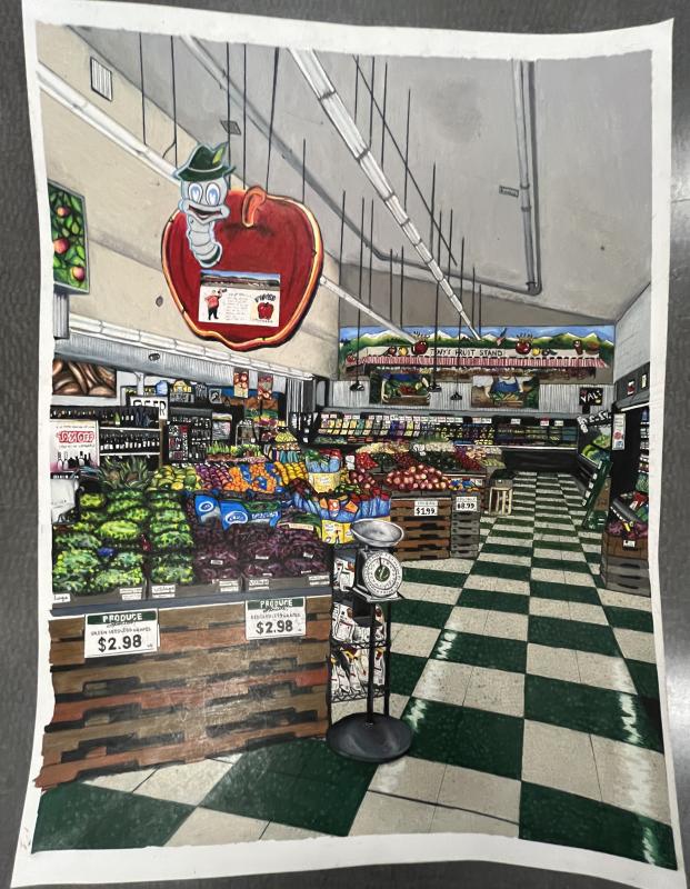 A detailed and colorful depiction of the interior of a grocery store. The store is filled with various fruits and vegetables neatly arranged in wooden crates and shelves. There is a large, whimsical apple character with glasses and a hat hanging from the ceiling, adding a playful element to the scene. The floor has a green and white checkered pattern, and there are price signs visible on some of the produce