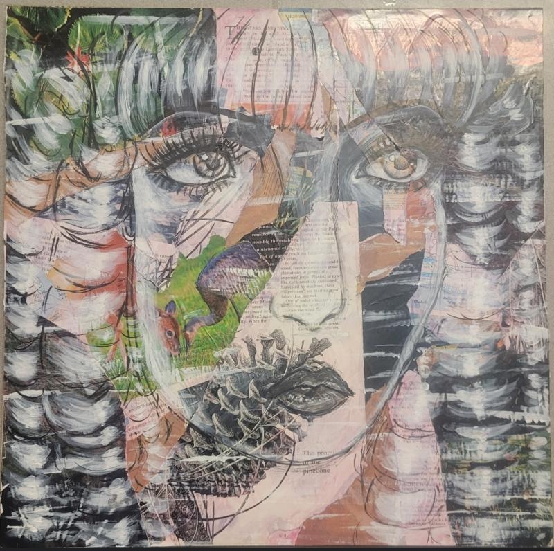 A mixed-media artwork featuring a collage of various materials, including newspaper clippings and paint. The composition forms the face of a person with prominent eyes and lips.