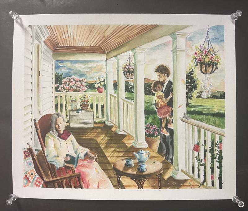A serene porch scene with an elderly person in a rocking chair, a young person holding a child, and various flowers and plants around. The porch overlooks a green field under a partly cloudy sky.