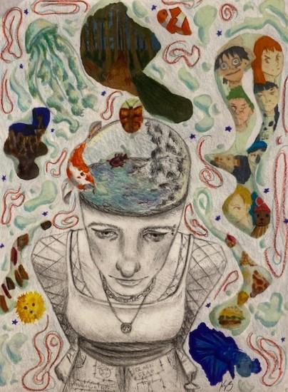 A mixed-media artwork featuring a central figure, surrounded by various colorful and detailed elements. The central figure is drawn in pencil, wearing a patterned dress and necklace. Surrounding the figure are watercolor illustrations including a forest scene, fish, anime-style faces, abstract shapes, flowers, and butterflies.