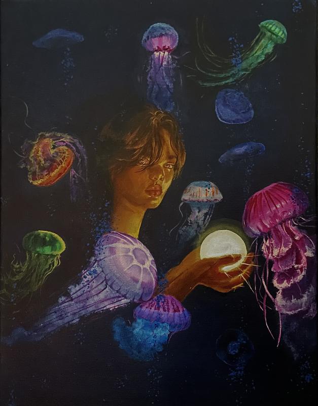 A surreal painting depicts a person surrounded by variously colored jellyfish in an underwater scene. The person, whose face is obscured, holds a glowing orb that illuminates the surrounding jellyfish. 