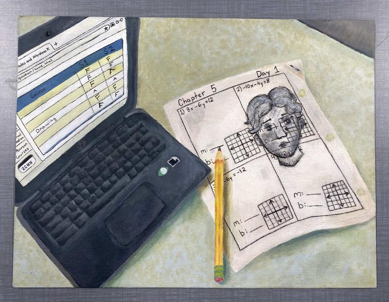 A painting depicts a laptop with a screen displaying a grade sheet, an open notebook with math problems and a pencil on top of it. The math problems include equations and grid-based questions. The notebook also features a detailed sketch of a face