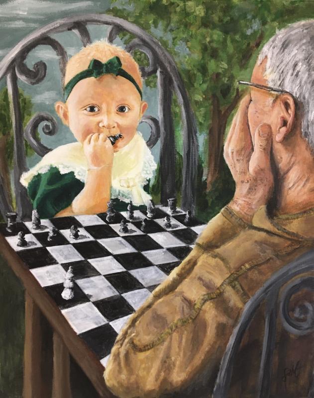 An elderly man with glasses and a thoughtful expression sits at a table playing chess with a young child. The child's face is blurred, and the child wears a green bow on their head and a white dress with green accents. 