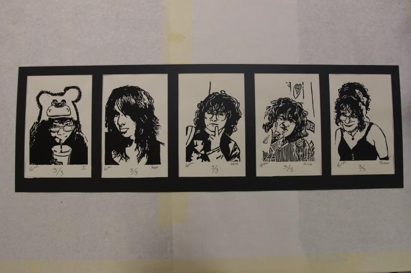  series of five black and white portraits, each depicting a different person. The portraits are arranged in a horizontal row and are framed together.