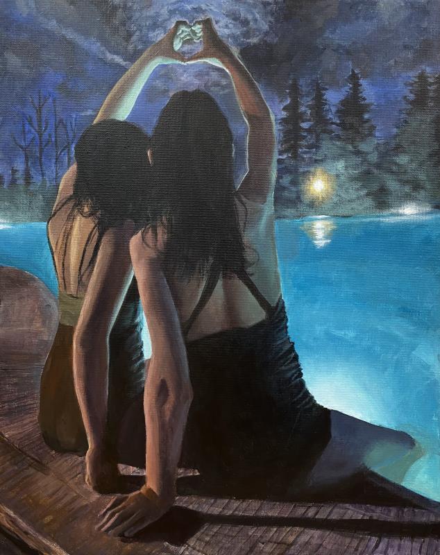 Two people sit on a wooden dock at night, facing a glowing blue pool surrounded by trees. They are wearing dark clothing and have their backs to the viewer. One person has their arm around the other, and they both raise their hands together to form a heart shape against the night sky.