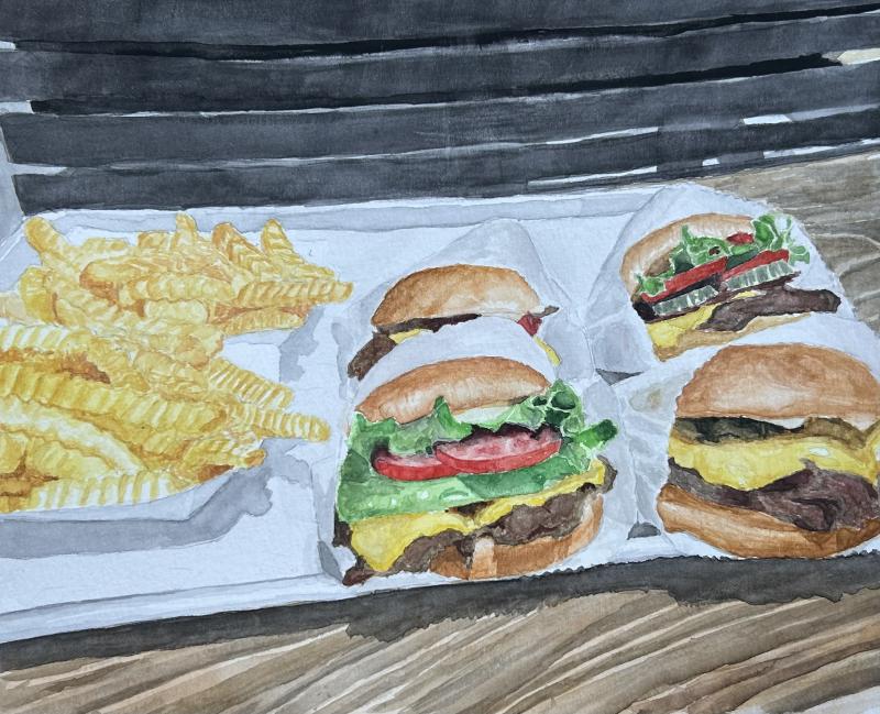 A watercolor painting depicts a tray of fast food, featuring three cheeseburgers with lettuce, tomato, and cheese, alongside a serving of crinkle-cut fries. 
