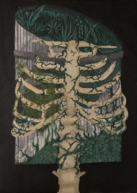 The artwork depicts a wooden ribcage intertwined with greenery and plant life. Vines and leaves grow through and around the ribcage, with dense foliage at the top and sparser vegetation at the bottom.