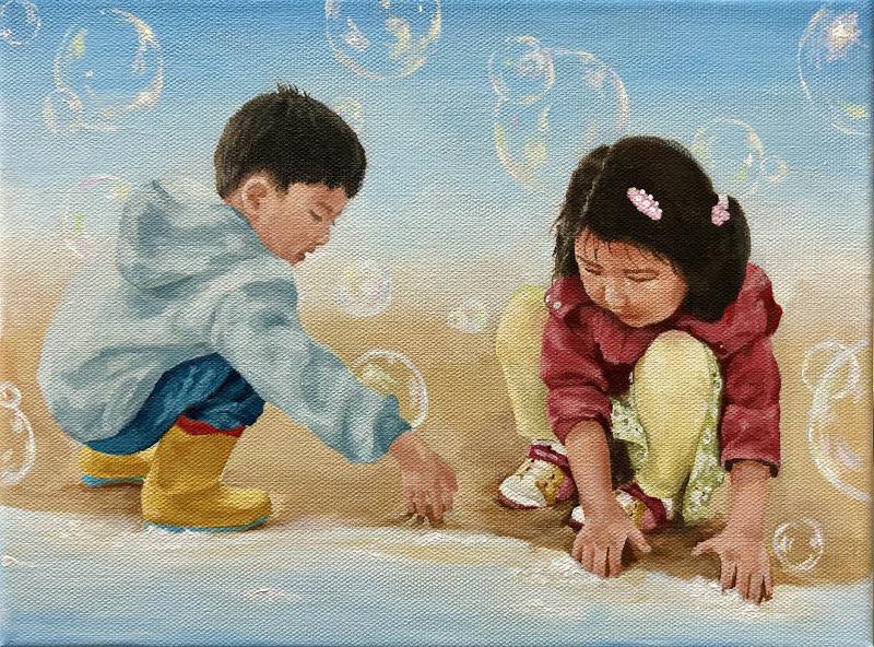 The artwork shows two children playing on the ground, surrounded by bubbles.