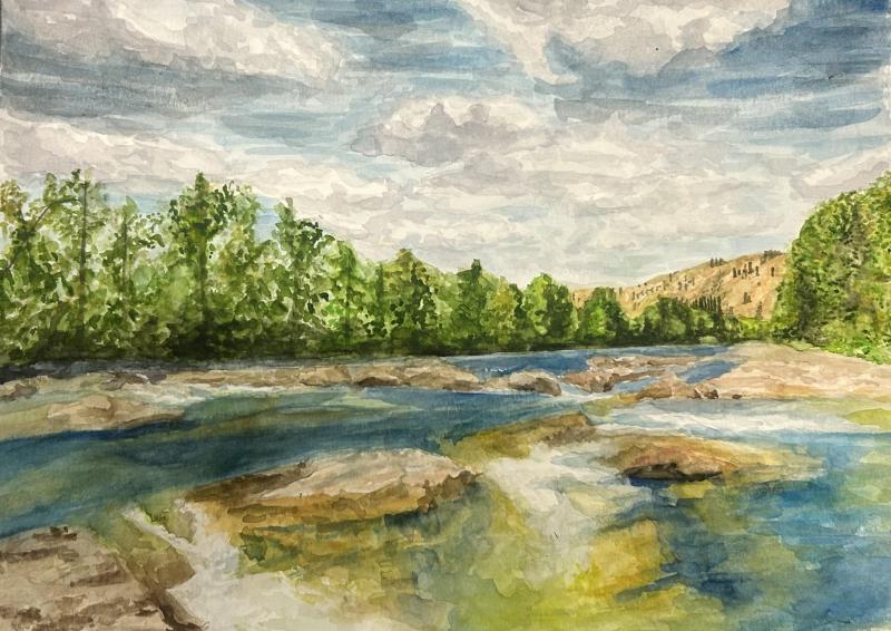The artwork is a watercolor painting depicting a serene river landscape. The river flows gently over rocks, reflecting the blue sky and green foliage. On either side of the river, lush trees line the banks, with a hill visible in the background under a partly cloudy sky.