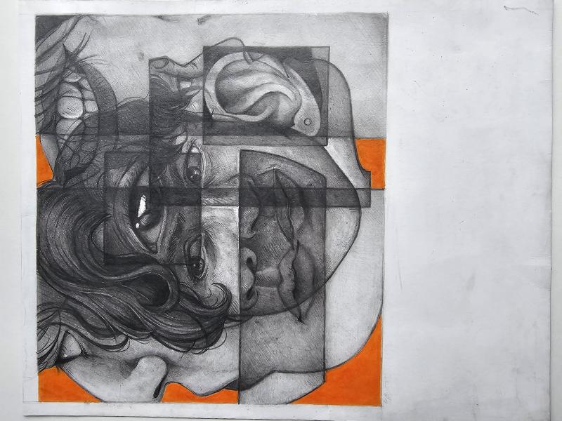The artwork is a grayscale drawing of a person's face and ear, fragmented into geometric sections with an orange background.