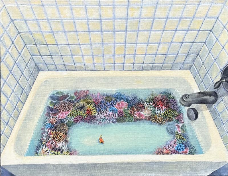 The artwork features a bathtub filled with clear water and colorful coral reefs along the edges. The corals are vibrant in shades of pink, red, blue, green, and yellow. There is a small fish swimming near the center of the tub. The background consists of light blue and white tiled walls.