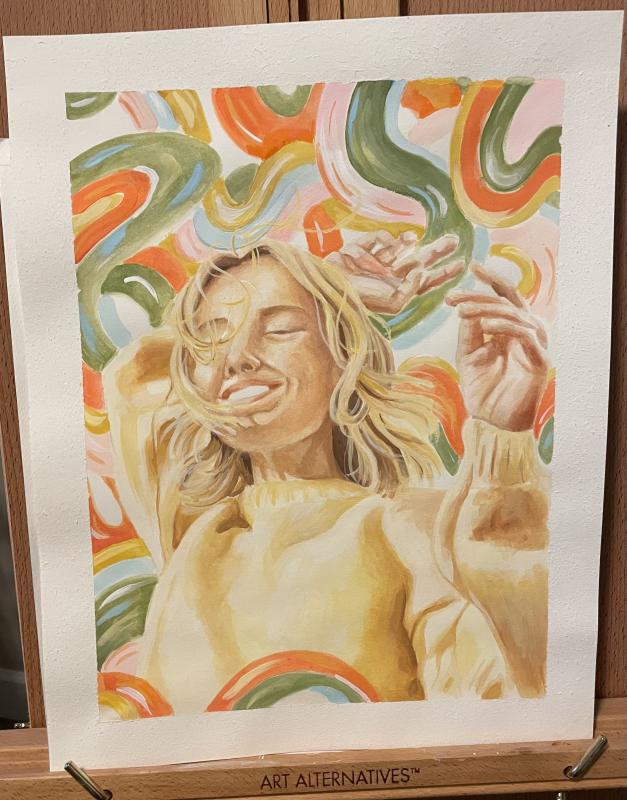 The artwork is a watercolor painting depicting a person with long, wavy hair wearing a beige sweater. The background features vibrant, swirling patterns in shades of green, orange, pink, and yellow