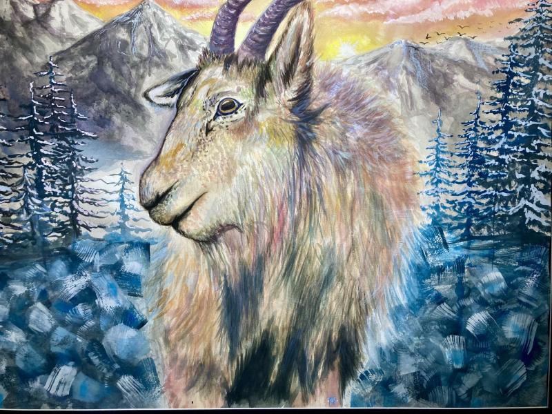 The artwork is a detailed painting of a mountain goat with long, curved horns standing in a snowy landscape. The background features snow-covered pine trees and majestic mountains under a colorful sky with hues of yellow, pink, and orange. Birds are flying in the distance. 