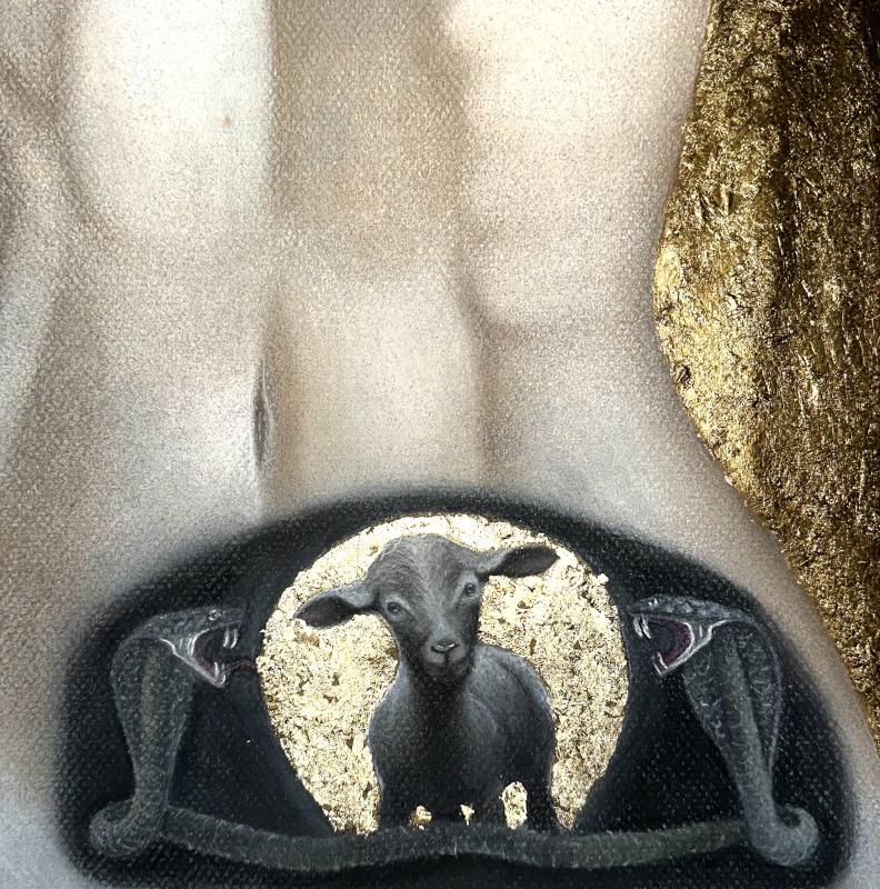 The artwork depicts a small black goat standing in the center of an archway on a human abdomen. The archway is adorned with two snake-like creatures on either side, their mouths open as if hissing. 