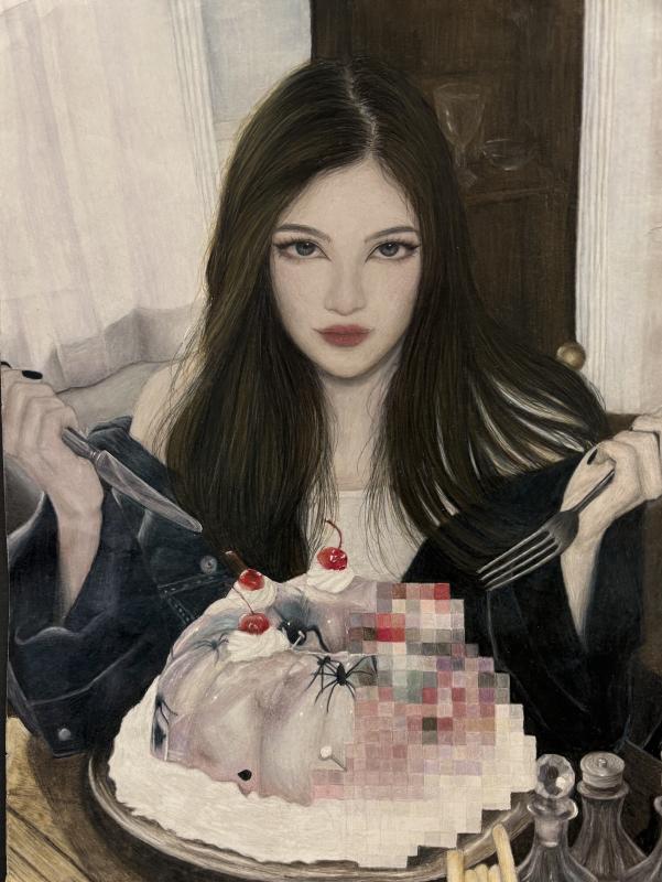 The image shows a person with long hair sitting at a table, holding a knife in the right hand and a fork in the left hand, about to eat a dessert. The dessert appears to be an ice cream sundae topped with cherries and decorated with plastic spiders. Part of the cake is pixelated.