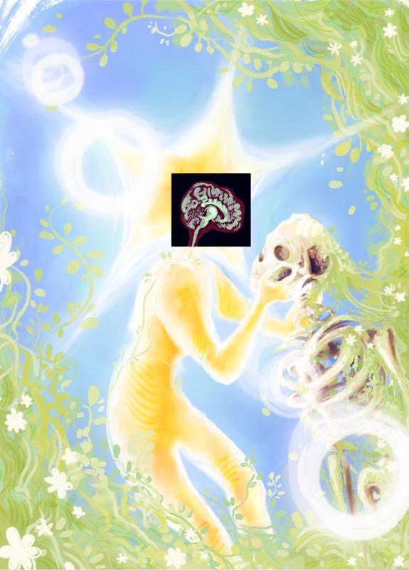A vibrant, ethereal artwork depicting a glowing yellow figure embracing a skeleton surrounded by swirling light, floral vines, and bright blue skies. The figure’s head is replaced by a brain illustration.