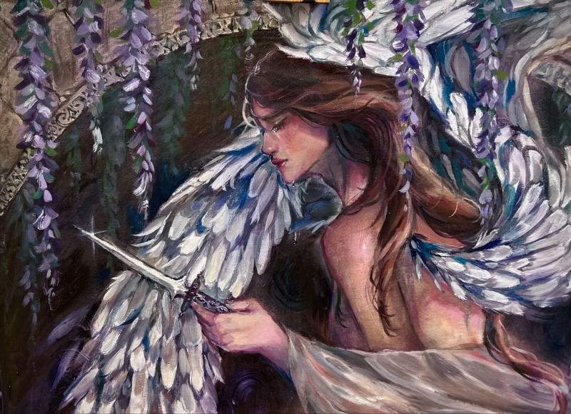 A detailed painting of a sorrowful angelic figure with white feathered wings, holding a shining sword. 