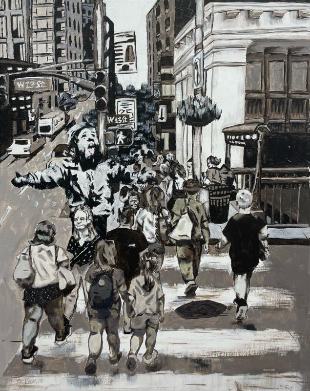 A monochromatic cityscape painting featuring a bustling crowd crossing a street under urban signage. A joyful, expressive figure appears exaggeratedly large and cheerful, contrasting the otherwise ordinary scene