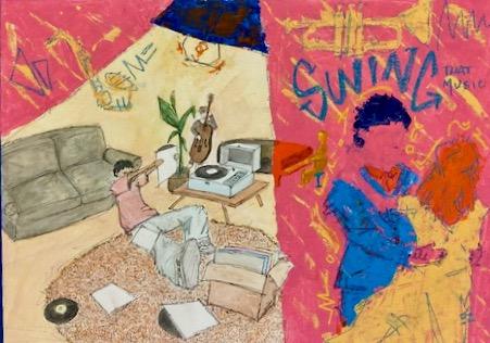 The image shows a colorful illustration divided into two sections. The left section depicts a person sitting on the floor in a living room, surrounded by vinyl records and boxes, examining a record while a turntable plays music. 