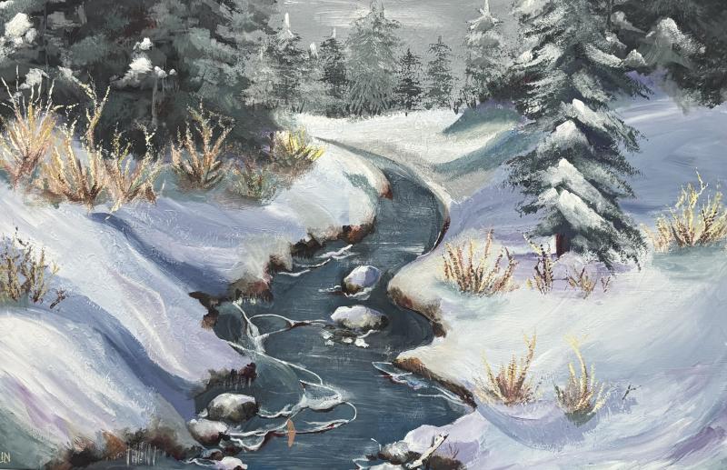 A serene winter landscape painting depicts a snow-covered forest with a winding stream flowing through the center. The stream is bordered by snow-laden banks and dotted with rocks. Evergreen trees, heavy with snow, line both sides of the stream, while patches of dried grass peek through the snow. 