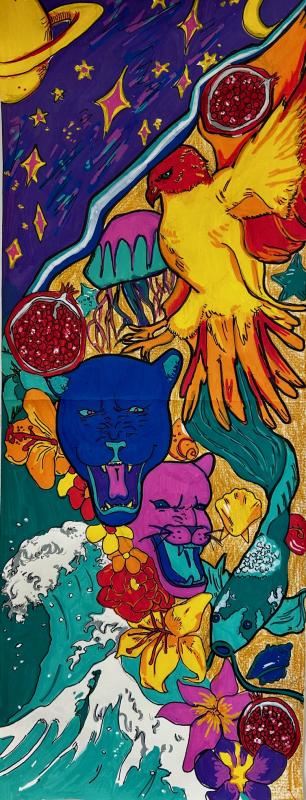 a yellow bird with red wings and head, flying above a blue panther and a purple panther. The bird is surrounded by pomegranates and stars. Below the panthers, there are colorful flowers, waves of water, and a green fish. The background includes elements like planets and abstract shapes in bright colors