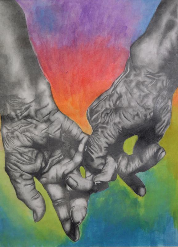 Two aged hands holding each other against a vibrant, colorful background