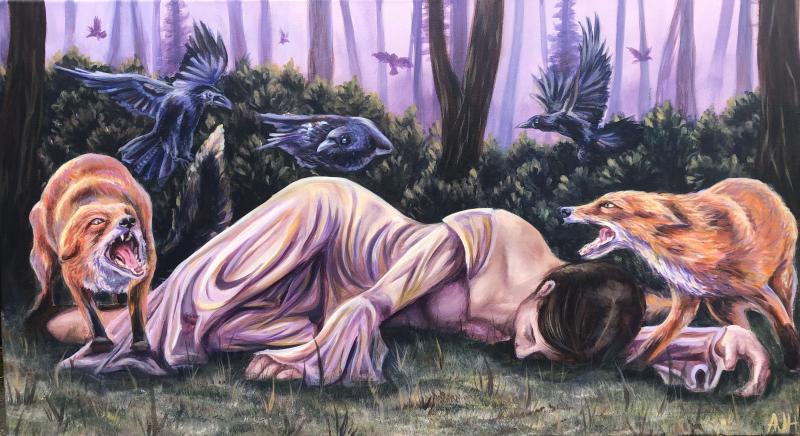 a woman in a pale flowing dress lying face down in a forest, surrounded by aggressive foxes and crows. The scene is set against a misty, purple-toned forest background