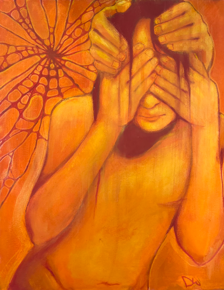 a person with long hair, partially covering their face with both hands. Another pair of hands is placed over the person's eyes