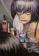 A woman with a short bob haircut wiping off makeup and staring into a mirror, her face appearing tired and emotional. Makeup products and beauty tools are scattered on the table.
