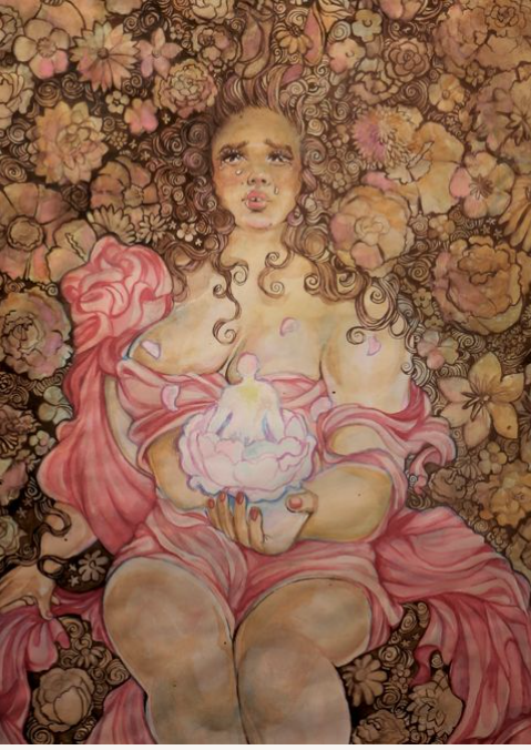 A mixed media creation of a young woman laying in a bunch of decaying flowers holding herself in her hands