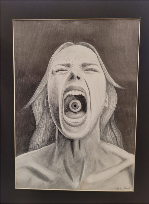 A charcoal pencil drawing of a young woman screaming with an eyeball in her mouth.