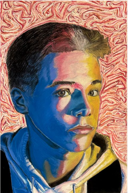 A pastel drawing of a young boy's face with red scrolls in the background