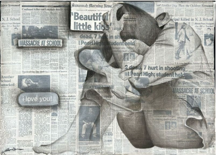 A charcoal drawing of a young girl cradling her head in a sitting position with a newspaper background showing headlines and articles from different shootings 