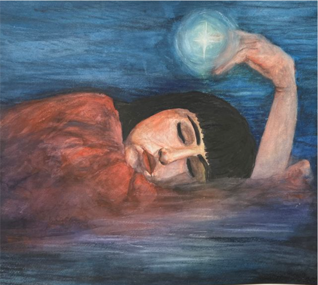 An oil pastel picture of a young woman with black hair lying down looking peaceful and holding a star globe in her hand above her head.