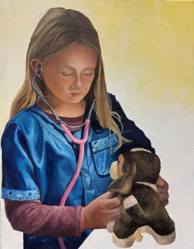 A painting of a very young girl portrayed as a veterinarian with her stuffed animal