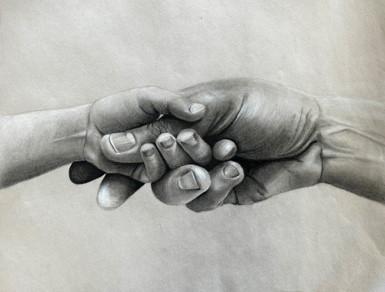 A charcoal pencil drawing of a small hand holding an older hand