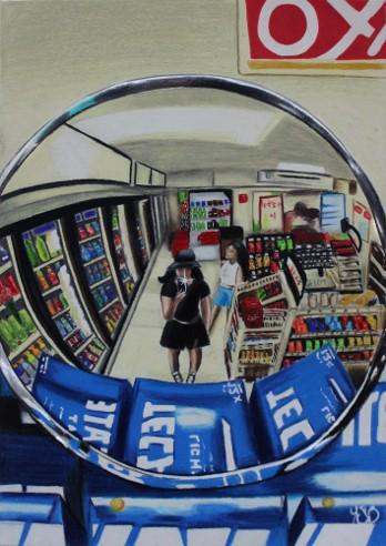 a colored pencil realistic drawing of a young person at a gas mart in a colorful array of minute details