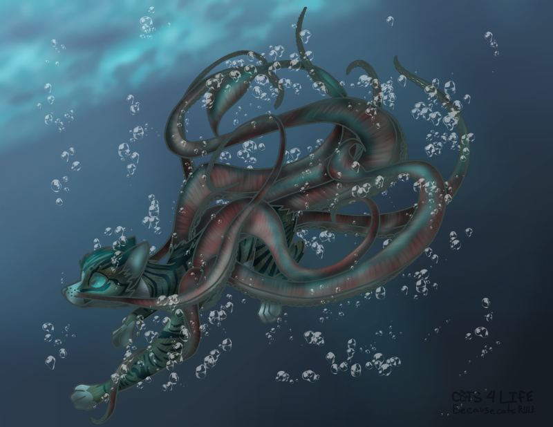 A digital art piece illustrating the artist's cat as a Kraken underwater with bubbles